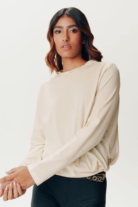 Buy_AK-OK_Beige Cotton Plain Round Neck Side Tie T-shirt _Online_at_Aza_Fashions