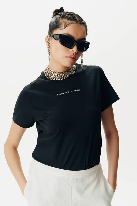 Shop_AK-OK_Black Cotton Round Neck Slogan Print T-shirt _Online_at_Aza_Fashions