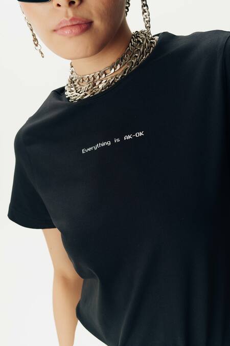 AK-OK_Black Cotton Round Neck Slogan Print T-shirt _at_Aza_Fashions