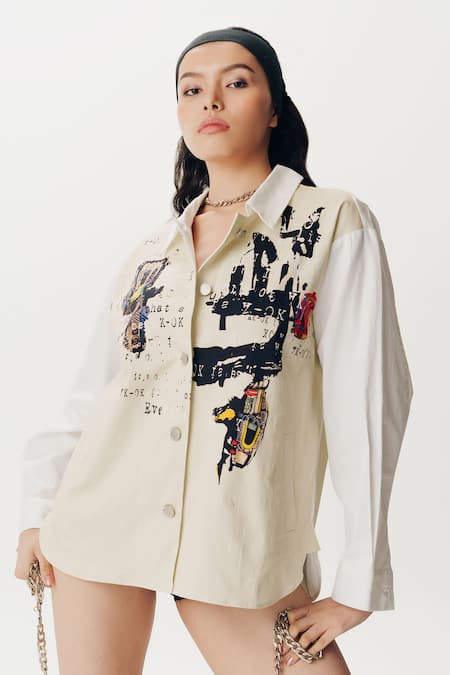 Buy_AK-OK_Cream Cotton Embroidery Collared Slogan Print Shacket _Online_at_Aza_Fashions