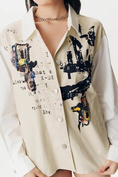 Shop_AK-OK_Cream Cotton Embroidery Collared Slogan Print Shacket _Online_at_Aza_Fashions