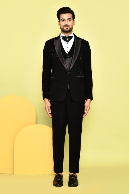 Aryavir Malhotra_Black Silk, Cotton, Terrycloth Stones Embroidered Tuxedo Set_at_Aza_Fashions