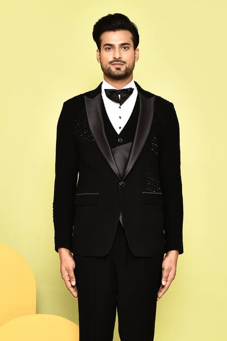 Buy_Aryavir Malhotra_Black Silk, Cotton, Terrycloth Stones Embroidered Tuxedo Set