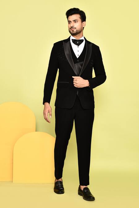 Shop_Aryavir Malhotra_Black Silk, Cotton, Terrycloth Stones Embroidered Tuxedo Set