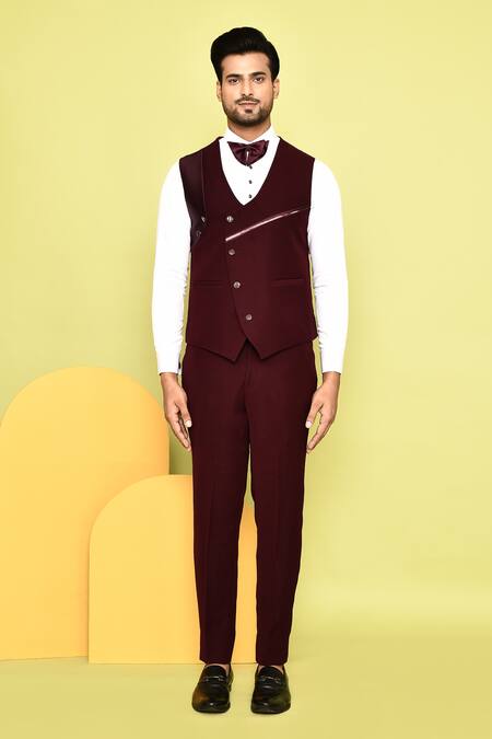 Shop_Aryavir Malhotra_Wine Terrycloth, Cotton, Silk Stones Pintuck Work Tuxedo Set_Online_at_Aza_Fashions