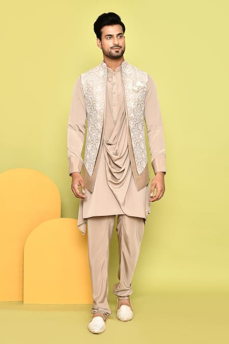 Aryavir Malhotra Scallop Pattern Embroidered Jacket With Draped Kurta Set 