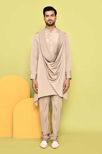 Buy_Aryavir Malhotra_Beige Silk Sequins, Embroidery Scallop Pattern Jacket With Draped Kurta Set_Online_at_Aza_Fashions