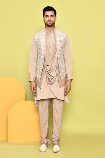 Shop_Aryavir Malhotra_Beige Silk Sequins, Embroidery Scallop Pattern Jacket With Draped Kurta Set_Online_at_Aza_Fashions