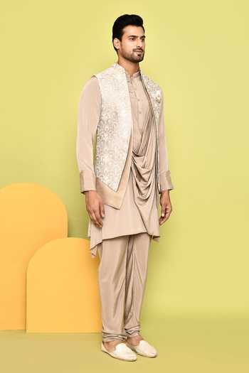 Aryavir Malhotra_Beige Silk Sequins, Embroidery Scallop Pattern Jacket With Draped Kurta Set_at_Aza_Fashions