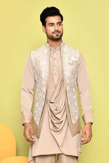 Buy_Aryavir Malhotra_Beige Silk Sequins, Embroidery Scallop Pattern Jacket With Draped Kurta Set