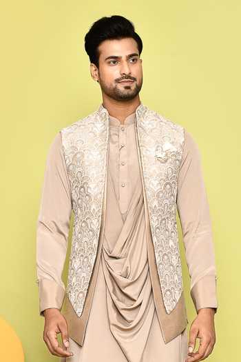 Shop_Aryavir Malhotra_Beige Silk Sequins, Embroidery Scallop Pattern Jacket With Draped Kurta Set