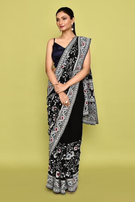 Buy_Naintara Bajaj_Black Georgette Embroidery Floral Saree With Unstitched Blouse Piece _Online_at_Aza_Fashions
