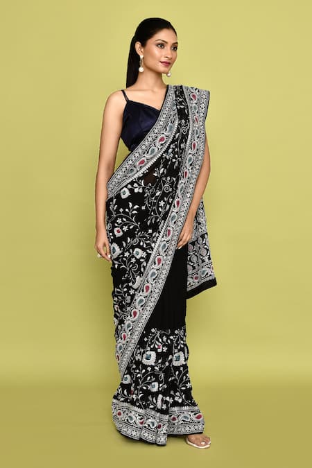 Shop_Naintara Bajaj_Black Georgette Embroidery Floral Saree With Unstitched Blouse Piece _Online_at_Aza_Fashions