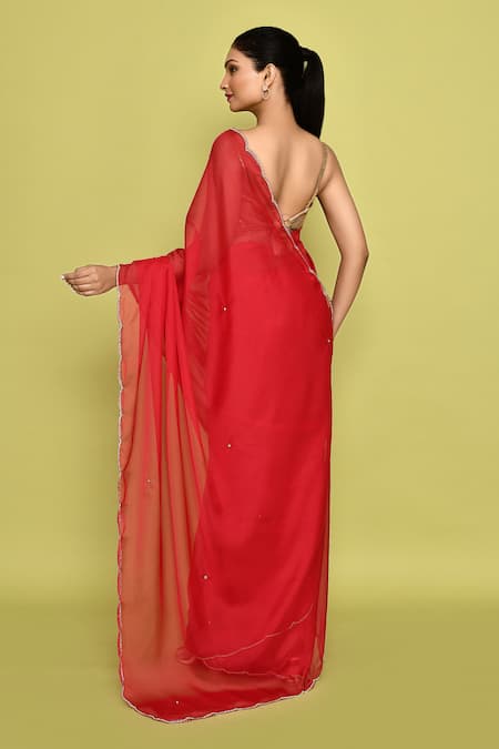 Shop_Naintara Bajaj_Red Organza, Satin Pearls Scallop Embroidered Saree With Unstitched Blouse Piece _at_Aza_Fashions
