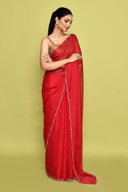 Shop_Naintara Bajaj_Red Organza, Satin Pearls Scallop Embroidered Saree With Unstitched Blouse Piece _Online_at_Aza_Fashions