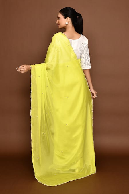 Shop_Naintara Bajaj_Yellow Organza, Satin Pearls, Embroidery Round Neck Floral Saree With Blouse _at_Aza_Fashions