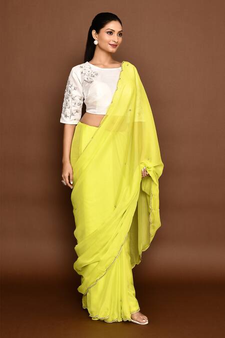 Buy_Naintara Bajaj_Yellow Organza, Satin Pearls, Embroidery Round Neck Floral Saree With Blouse _Online_at_Aza_Fashions