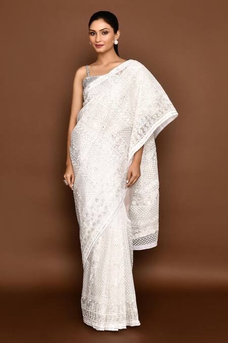 Buy_Naintara Bajaj_White Organza Sequins Flower Embroidered Saree With Unstitched Blouse Piece _Online_at_Aza_Fashions