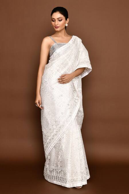 Shop_Naintara Bajaj_White Organza Sequins Flower Embroidered Saree With Unstitched Blouse Piece _Online_at_Aza_Fashions