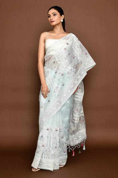 Buy_Samyukta Singhania_Blue Organza, Silk Embroidery Peacock Saree With Unstitched Blouse Piece_Online_at_Aza_Fashions