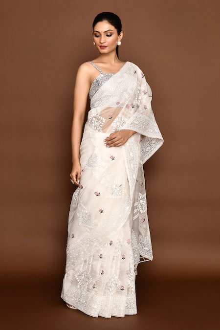 Shop_Naintara Bajaj_White Organza, Silk Peacock Thread Saree With Unstitched Blouse Piece _Online_at_Aza_Fashions