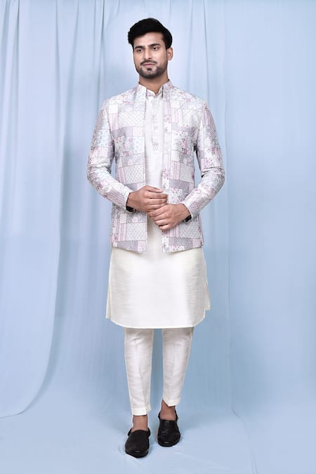 Aryavir Malhotra Grey Kurta And Pant Art Silk Embroidered Sequin Patchwork Print Jacket With Set 