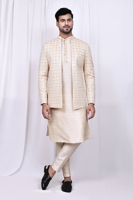 Aryavir Malhotra Cream Kurta And Pant Art Silk Embroidered Geometric Pattern Jacket With Set 