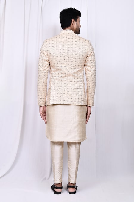 Shop_Arihant Rai Sinha_Cream Satin, Silk Embroidery Geometric Pattern Jacket With Kurta Set _at_Aza_Fashions