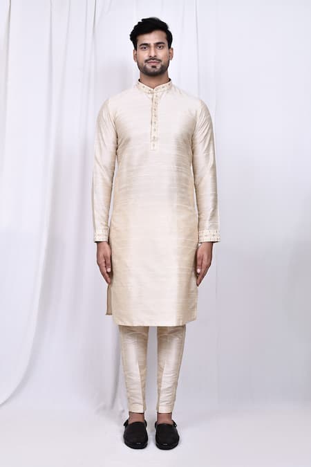 Buy_Arihant Rai Sinha_Cream Satin, Silk Embroidery Geometric Pattern Jacket With Kurta Set _Online_at_Aza_Fashions