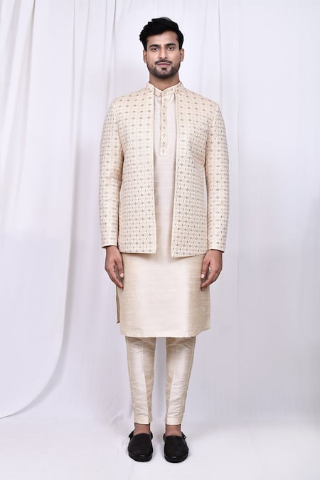 Shop_Arihant Rai Sinha_Cream Satin, Silk Embroidery Geometric Pattern Jacket With Kurta Set _Online_at_Aza_Fashions