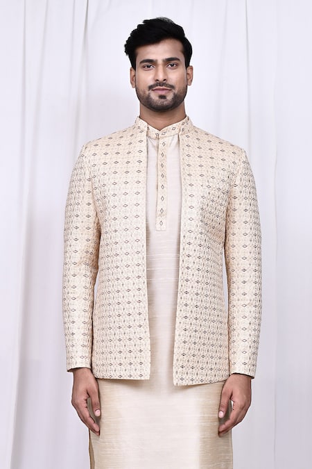 Arihant Rai Sinha Cream Satin, Silk Embroidery Geometric Pattern Jacket With Kurta Set at Aza Fashions Arihant Rai Sinha_Cream Satin, Silk Embroidery Geometric Pattern Jacket With Kurta Set _at_Aza_Fashions
