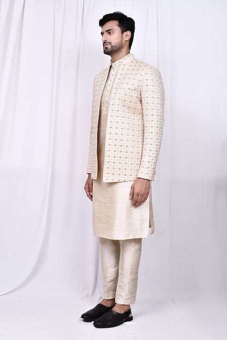 Buy_Arihant Rai Sinha_Cream Satin, Silk Embroidery Geometric Pattern Jacket With Kurta Set 