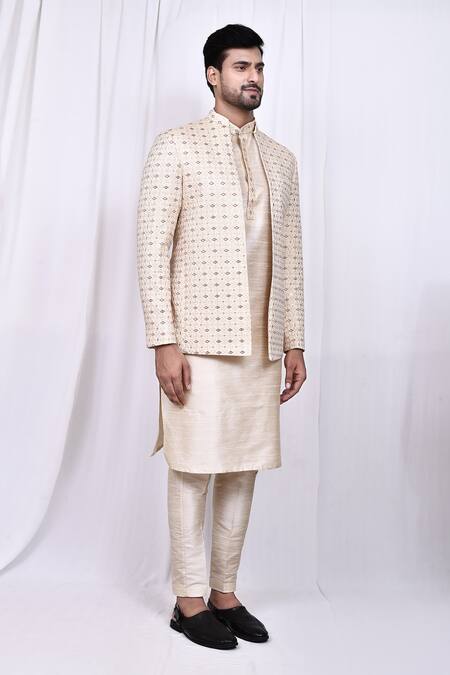 Shop Arihant Rai Sinha Cream Satin, Silk Embroidery Geometric Pattern Jacket With Kurta Set Shop_Arihant Rai Sinha_Cream Satin, Silk Embroidery Geometric Pattern Jacket With Kurta Set