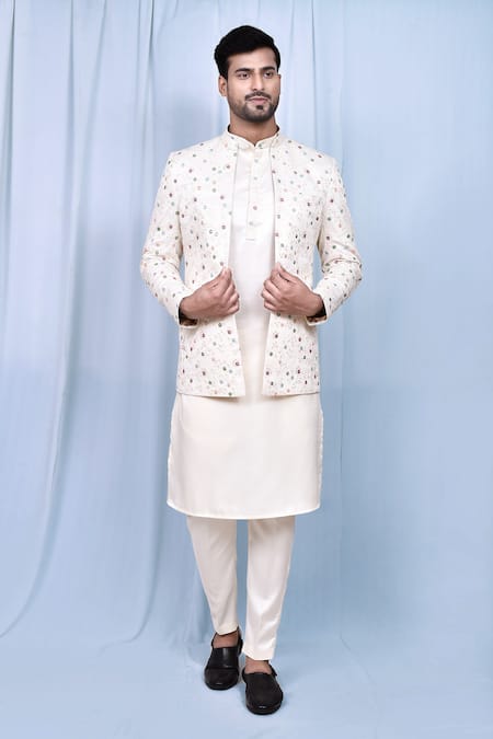 Aryavir Malhotra Cream Kurta And Pant Art Silk Embroidered Sequin Mirror Jacket With Set 