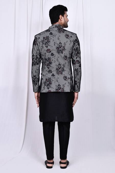 Shop_Arihant Rai Sinha_Black Silk, Polyester Embroidery Floral Print Jacket With Kurta Set _at_Aza_Fashions