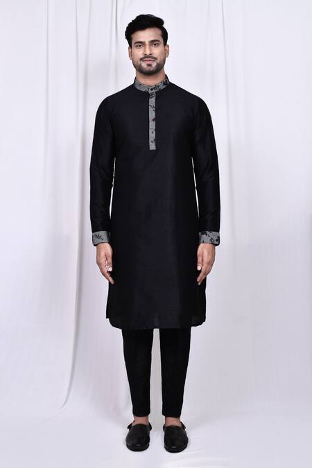 Buy_Arihant Rai Sinha_Black Silk, Polyester Embroidery Floral Print Jacket With Kurta Set _Online_at_Aza_Fashions