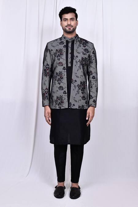 Shop_Arihant Rai Sinha_Black Silk, Polyester Embroidery Floral Print Jacket With Kurta Set _Online_at_Aza_Fashions