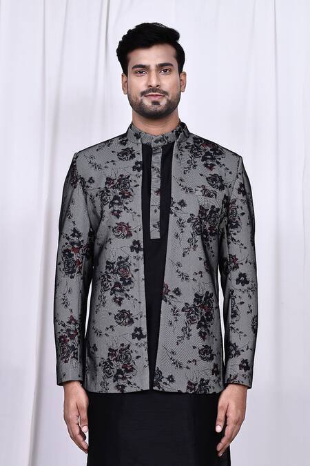 Arihant Rai Sinha Black Silk, Polyester Embroidery Floral Print Jacket With Kurta Set at Aza Fashions Arihant Rai Sinha_Black Silk, Polyester Embroidery Floral Print Jacket With Kurta Set _at_Aza_Fashions