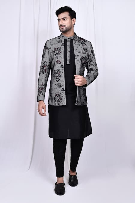 Buy_Arihant Rai Sinha_Black Silk, Polyester Embroidery Floral Print Jacket With Kurta Set 