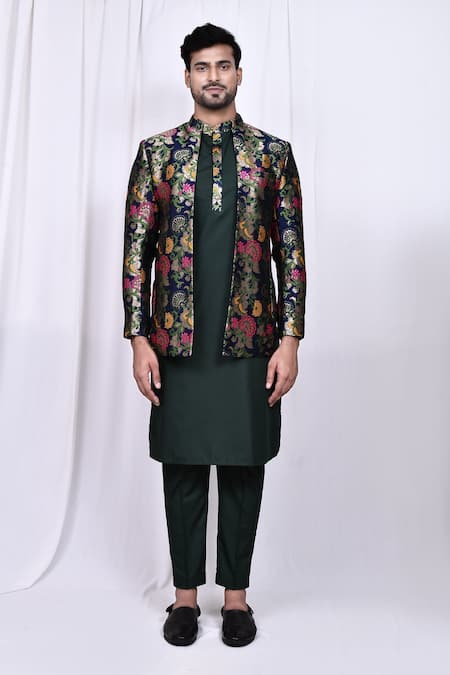 Shop_Arihant Rai Sinha_Green Jacquard, Silk Embroidery Floral Print Jacket With Kurta Set _Online_at_Aza_Fashions
