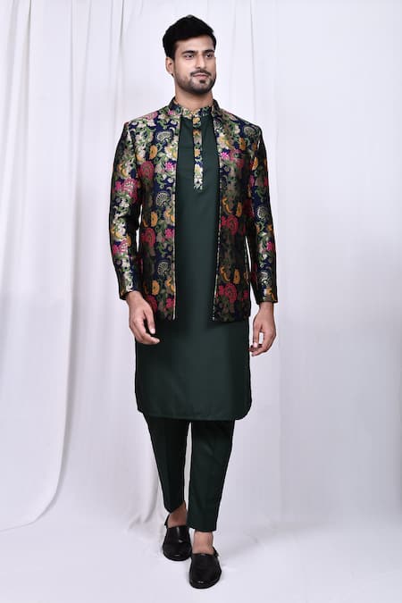 Arihant Rai Sinha_Green Jacquard, Silk Embroidery Floral Print Jacket With Kurta Set _at_Aza_Fashions