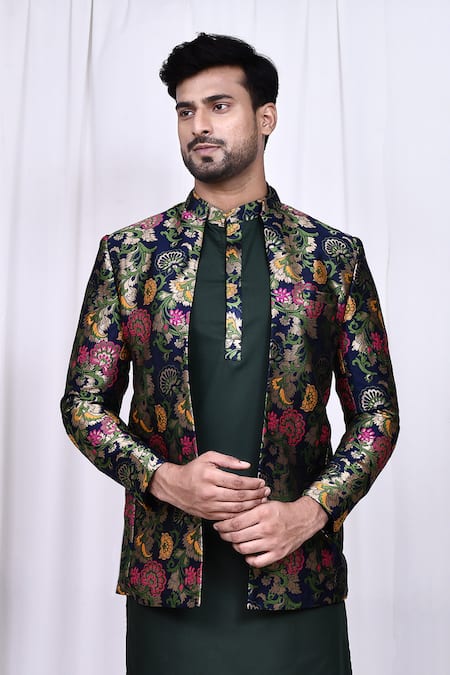 Buy_Arihant Rai Sinha_Green Jacquard, Silk Embroidery Floral Print Jacket With Kurta Set 