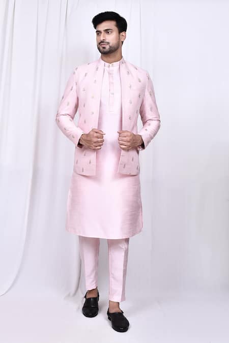 Aryavir Malhotra Pink Kurta And Pant Art Silk Embroidered Floral Butta Jacket With Set 