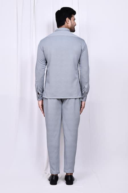 Shop_Arihant Rai Sinha_Grey Lycra Button Down Shirt And Pant Set _at_Aza_Fashions