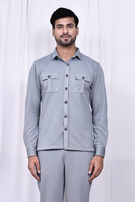 Buy_Arihant Rai Sinha_Grey Lycra Button Down Shirt And Pant Set _Online_at_Aza_Fashions