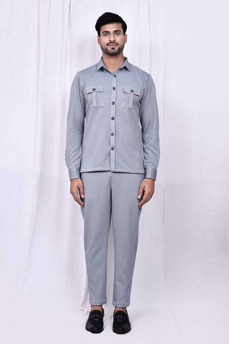 Shop_Arihant Rai Sinha_Grey Lycra Button Down Shirt And Pant Set _Online_at_Aza_Fashions