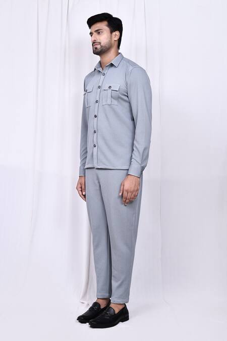 Arihant Rai Sinha_Grey Lycra Button Down Shirt And Pant Set _at_Aza_Fashions