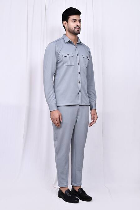 Buy_Arihant Rai Sinha_Grey Lycra Button Down Shirt And Pant Set 