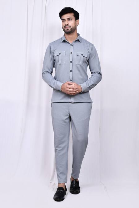 Shop_Arihant Rai Sinha_Grey Lycra Button Down Shirt And Pant Set 