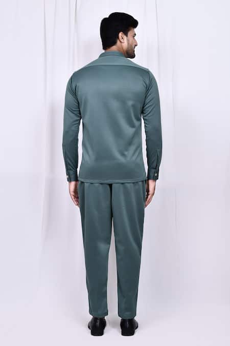 Shop_Arihant Rai Sinha_Green Suede Solid Shirt And Pant Set _at_Aza_Fashions